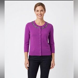 Kate Spade COTTON “Leni'Crystal Embellished Jewel Cardigan 3/4 Sleeve Purple S